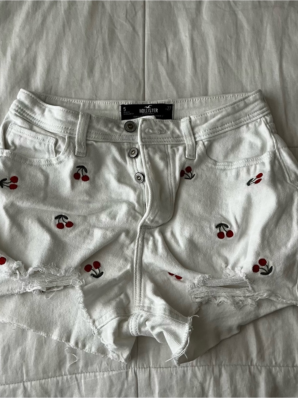 Hollister White Denim Shorts with Red Cherry Embroidery